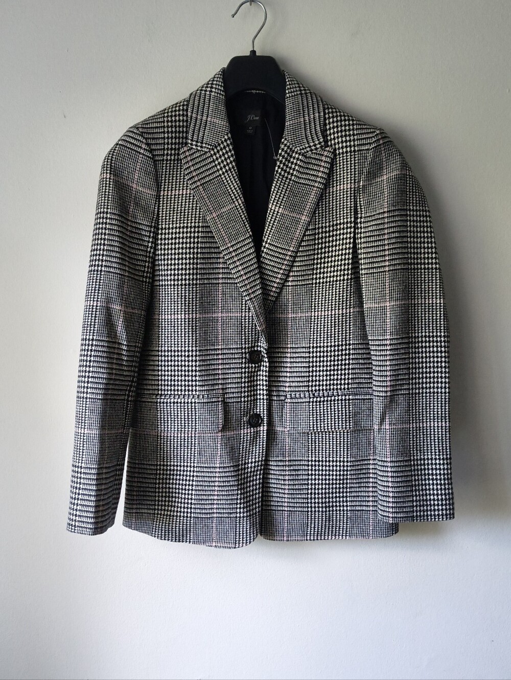 J.Crew Black White Houndstooth Blazer Jacket Women's Size 0 Glen Plaid Pink Acce